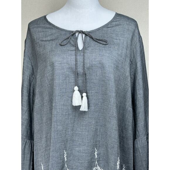 Du Jour Women’s 2XL Gray Peasant Blouse Embroidered Tasseled Cotton - Picture 2 of 14